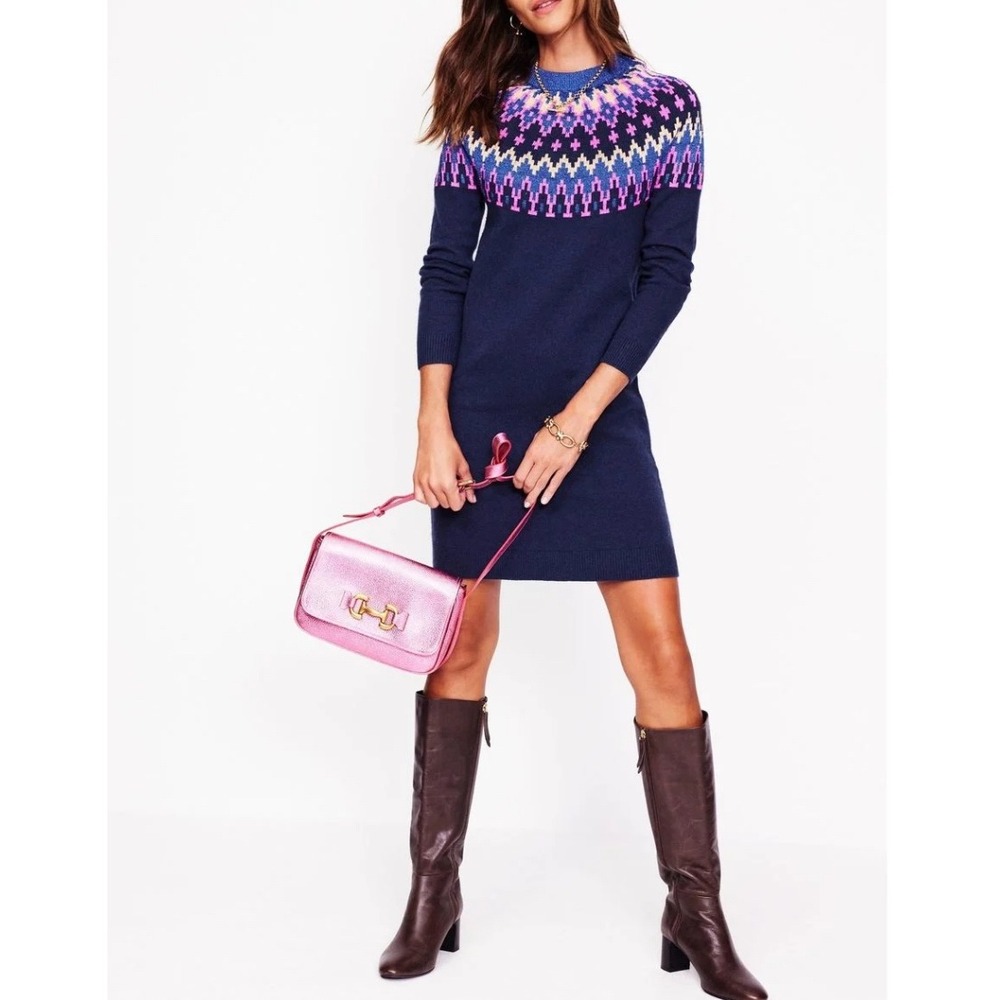 New Boden‎ Sweater Dress Eleanor Fair Isle Sparkle Navy Blue Women 4 P Petite